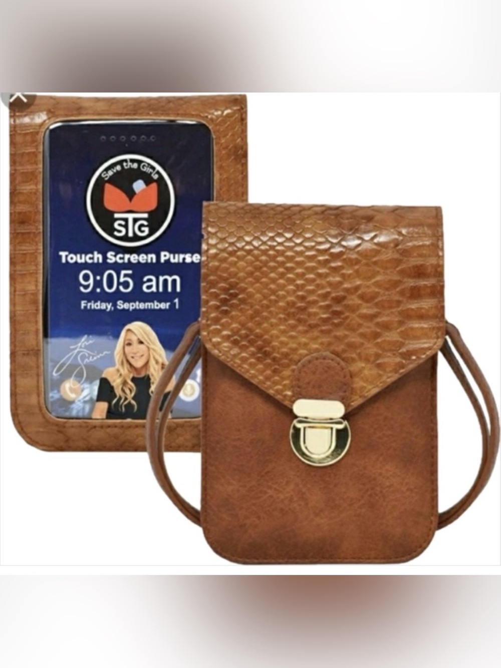 Lori Greiner Brown Faux Snakeskin Crossbody Touchscreen Phone Bag New